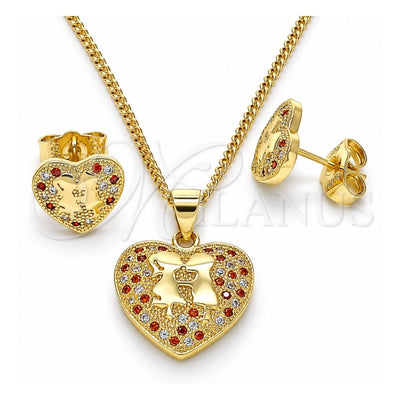 Oro Laminado Earring and Pendant Adult Set, Gold Filled Style Heart Design, with Garnet and White Micro Pave, Polished, Golden Finish, 10.199.0068.2