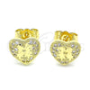 Oro Laminado Stud Earring, Gold Filled Style Heart Design, with White Micro Pave, Polished, Golden Finish, 02.199.0034