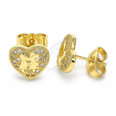 Oro Laminado Stud Earring, Gold Filled Style Heart Design, with White Micro Pave, Polished, Golden Finish, 02.199.0034