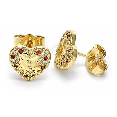 Oro Laminado Stud Earring, Gold Filled Style Heart Design, with Garnet and White Micro Pave, Polished, Golden Finish, 02.199.0034.1