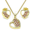 Oro Laminado Earring and Pendant Adult Set, Gold Filled Style Heart Design, with Garnet and White Micro Pave, Polished, Golden Finish, 10.199.0104.2