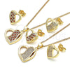 Oro Laminado Earring and Pendant Adult Set, Gold Filled Style Heart Design, with Garnet and White Micro Pave, Polished, Golden Finish, 10.199.0104.2