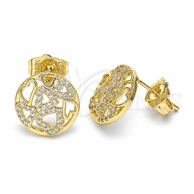 Oro Laminado Stud Earring, Gold Filled Style Heart Design, with White Micro Pave, Polished, Golden Finish, 02.199.0035
