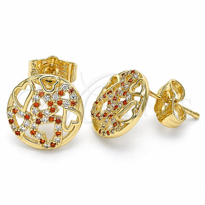 Oro Laminado Stud Earring, Gold Filled Style Heart Design, with Garnet and White Micro Pave, Polished, Golden Finish, 02.199.0035.1