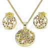 Oro Laminado Earring and Pendant Adult Set, Gold Filled Style Heart Design, with Garnet and White Micro Pave, Polished, Golden Finish, 10.199.0153.1