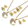 Oro Laminado Earring and Pendant Adult Set, Gold Filled Style Heart Design, with Garnet and White Micro Pave, Polished, Golden Finish, 10.199.0019.2