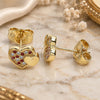 Oro Laminado Stud Earring, Gold Filled Style Heart Design, with Garnet and White Micro Pave, Polished, Golden Finish, 02.199.0036.1