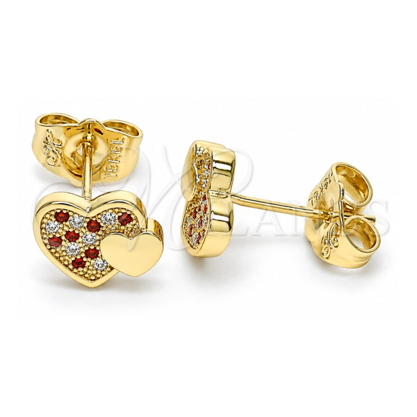 Oro Laminado Stud Earring, Gold Filled Style Heart Design, with Garnet and White Micro Pave, Polished, Golden Finish, 02.199.0036.1
