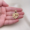 Oro Laminado Fancy Pendant, Gold Filled Style Mom and Heart Design, with White Micro Pave, Polished, Golden Finish, 05.342.0020