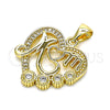 Oro Laminado Fancy Pendant, Gold Filled Style Mom and Heart Design, with White Micro Pave, Polished, Golden Finish, 05.342.0020