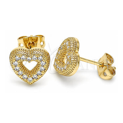 Oro Laminado Stud Earring, Gold Filled Style Heart Design, with White Micro Pave, Polished, Golden Finish, 02.342.0132