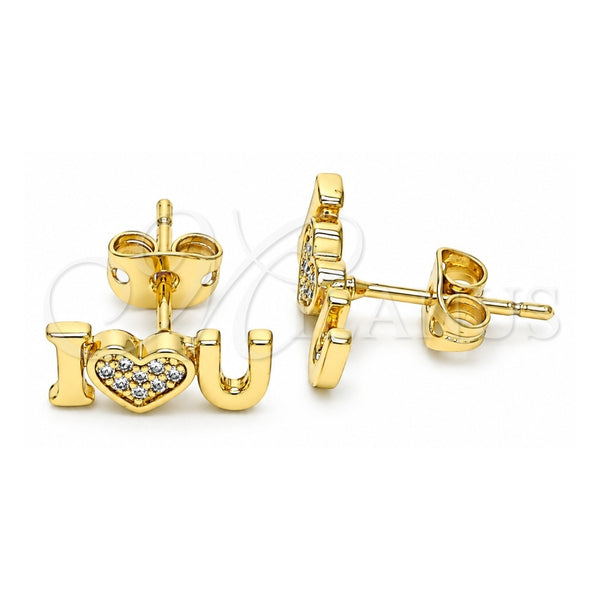 Oro Laminado Stud Earring, Gold Filled Style Heart Design, with White Micro Pave, Polished, Golden Finish, 02.342.0133