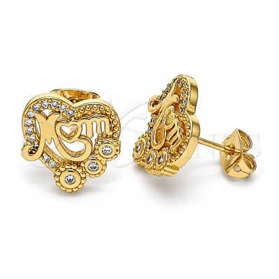 Oro Laminado Stud Earring, Gold Filled Style Mom and Heart Design, with White Micro Pave, Polished, Golden Finish, 02.342.0134