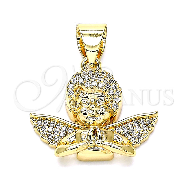 Oro Laminado Religious Pendant, Gold Filled Style Angel Design, with White Micro Pave, Polished, Golden Finish, 05.342.0030