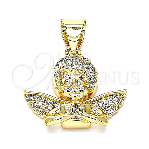 Oro Laminado Religious Pendant, Gold Filled Style Angel Design, with White Micro Pave, Polished, Golden Finish, 05.342.0030