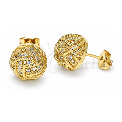 Oro Laminado Stud Earring, Gold Filled Style Love Knot Design, with White Micro Pave, Polished, Golden Finish, 02.342.0138