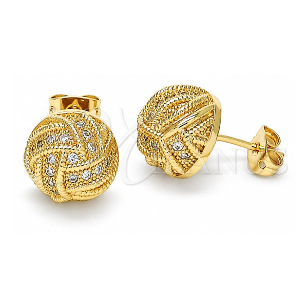Oro Laminado Stud Earring, Gold Filled Style Love Knot Design, with White Micro Pave, Polished, Golden Finish, 02.342.0138