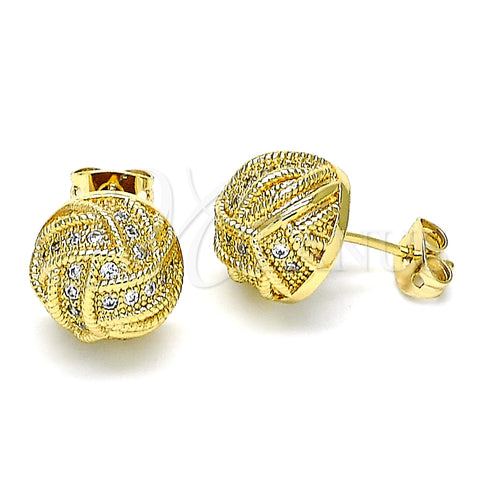 Oro Laminado Stud Earring, Gold Filled Style Love Knot Design, with White Micro Pave, Polished, Golden Finish, 02.342.0138