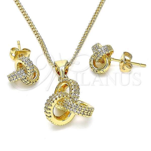 Oro Laminado Earring and Pendant Adult Set, Gold Filled Style Love Knot Design, with White Micro Pave, Polished, Golden Finish, 10.342.0056