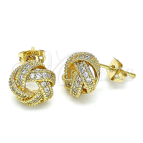 Oro Laminado Stud Earring, Gold Filled Style Love Knot Design, with White Micro Pave, Polished, Golden Finish, 02.342.0142