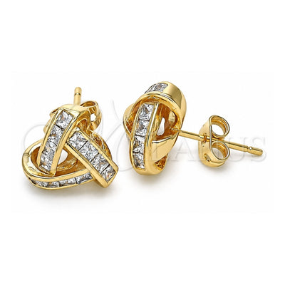 Oro Laminado Stud Earring, Gold Filled Style Love Knot and Baguette Design, with White Cubic Zirconia, Polished, Golden Finish, 02.342.0143