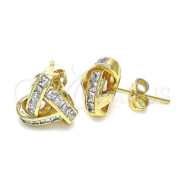 Oro Laminado Stud Earring, Gold Filled Style Love Knot and Baguette Design, with White Cubic Zirconia, Polished, Golden Finish, 02.342.0143
