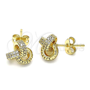 Oro Laminado Stud Earring, Gold Filled Style Love Knot Design, with White Micro Pave, Polished, Golden Finish, 02.342.0144