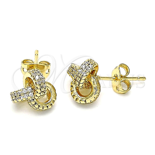 Oro Laminado Stud Earring, Gold Filled Style Love Knot Design, with White Micro Pave, Polished, Golden Finish, 02.342.0144