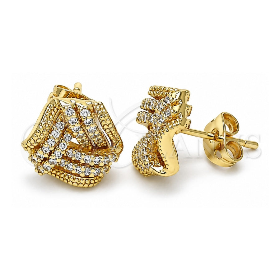 Oro Laminado Stud Earring, Gold Filled Style Love Knot Design, with White Micro Pave, Polished, Golden Finish, 02.342.0145