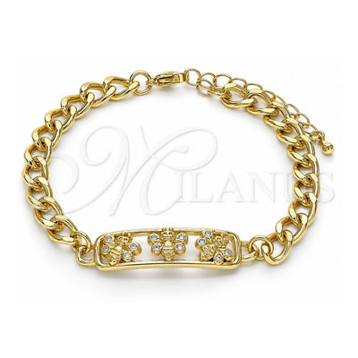 Oro Laminado Fancy Bracelet, Gold Filled Style Bee Design, with White Micro Pave, Polished, Golden Finish, 03.368.0061.08 (07 MM Thickness, 8 Inches Length)