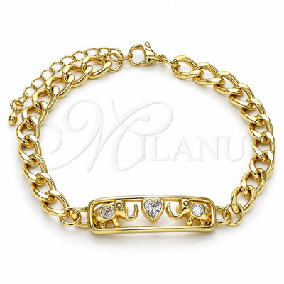 Oro Laminado Fancy Bracelet, Gold Filled Style Elephant and Heart Design, with White Cubic Zirconia, Polished, Golden Finish, 03.368.0062.08 (07 MM Thickness, 8 Inches Length)