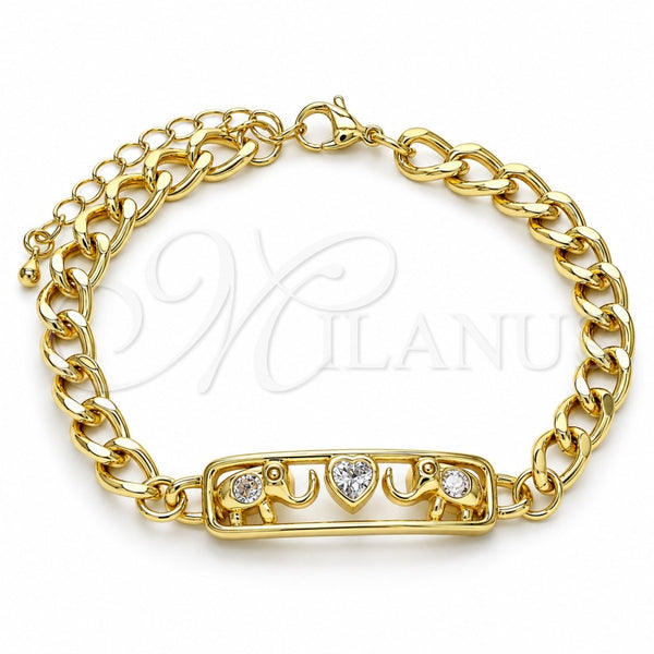 Oro Laminado Fancy Bracelet, Gold Filled Style Elephant and Heart Design, with White Cubic Zirconia, Polished, Golden Finish, 03.368.0062.08 (07 MM Thickness, 8 Inches Length)