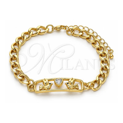 Oro Laminado Fancy Bracelet, Gold Filled Style Bird and Heart Design, with White and Black Cubic Zirconia, Polished, Golden Finish, 03.368.0063.08 (07 MM Thickness, 8 Inches Length)