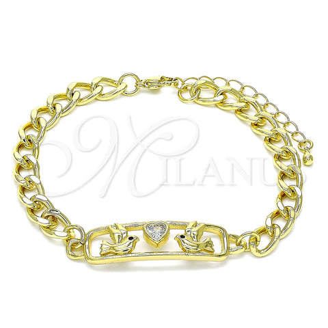 Oro Laminado Fancy Bracelet, Gold Filled Style Bird and Heart Design, with White and Black Cubic Zirconia, Polished, Golden Finish, 03.368.0063.08 (07 MM Thickness, 8 Inches Length)