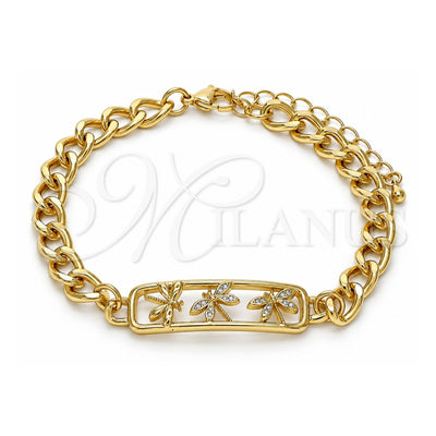 Oro Laminado Fancy Bracelet, Gold Filled Style Dragon-Fly Design, with White Micro Pave, Polished, Golden Finish, 03.368.0065.08 (07 MM Thickness, 8 Inches Length)