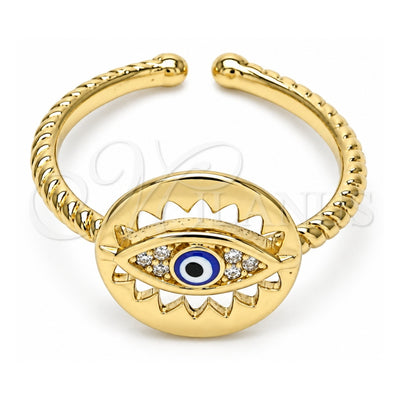Oro Laminado Multi Stone Ring, Gold Filled Style Evil Eye Design, with White Micro Pave, Blue Enamel Finish, Golden Finish, 01.213.0007 (One size fits all)