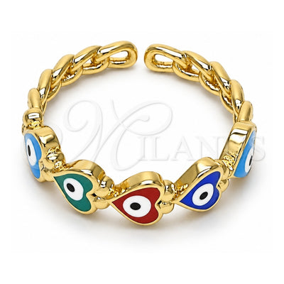 Oro Laminado Elegant Ring, Gold Filled Style Evil Eye and Heart Design, Multicolor Enamel Finish, Golden Finish, 01.213.0008 (One size fits all)