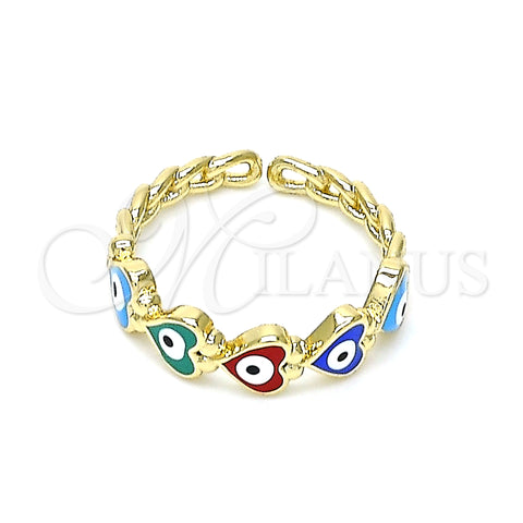 Oro Laminado Elegant Ring, Gold Filled Style Evil Eye and Heart Design, Multicolor Enamel Finish, Golden Finish, 01.213.0008 (One size fits all)
