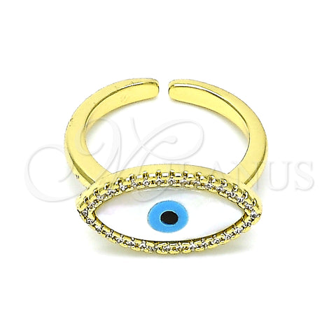 Oro Laminado Multi Stone Ring, Gold Filled Style Evil Eye Design, with Ivory Mother of Pearl and White Micro Pave, Polished, Golden Finish, 01.341.0055 (One size fits all)