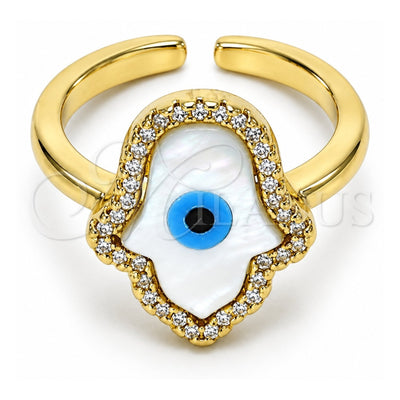 Oro Laminado Multi Stone Ring, Gold Filled Style Judaica and Hand of God Design, with Ivory Mother of Pearl and White Micro Pave, Polished, Golden Finish, 01.341.0056 (One size fits all)