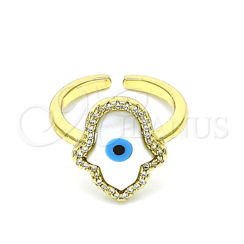 Oro Laminado Multi Stone Ring, Gold Filled Style Hand of God Design, with Ivory Mother of Pearl and White Micro Pave, Polished, Golden Finish, 01.341.0056 (One size fits all)