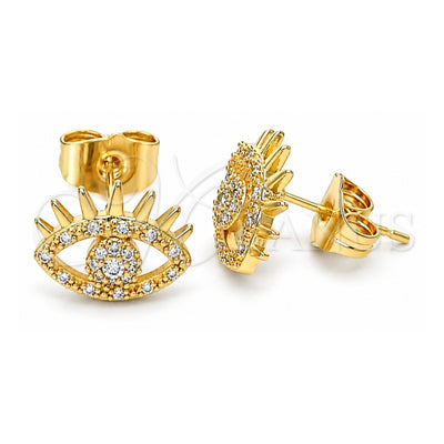 Oro Laminado Stud Earring, Gold Filled Style Evil Eye Design, with White Micro Pave, Polished, Golden Finish, 02.310.0037