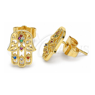 Oro Laminado Stud Earring, Gold Filled Style Judaica and Hand of God Design, with Multicolor Micro Pave, Polished, Golden Finish, 02.310.0040