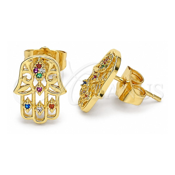 Oro Laminado Stud Earring, Gold Filled Style Judaica and Hand of God Design, with Multicolor Micro Pave, Polished, Golden Finish, 02.310.0040