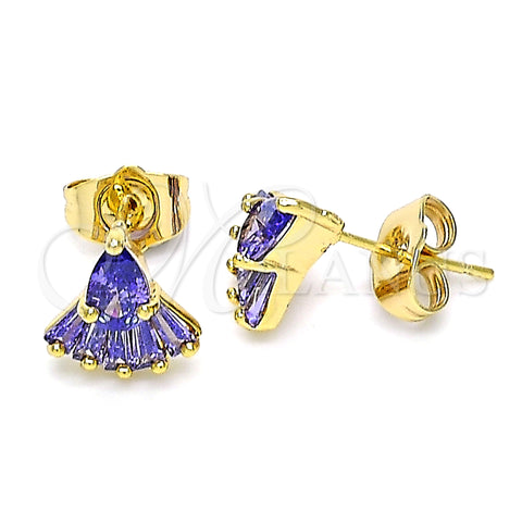 Oro Laminado Stud Earring, Gold Filled Style Teardrop and Baguette Design, with Amethyst Cubic Zirconia, Polished, Golden Finish, 02.310.0045