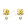 Oro Laminado Stud Earring, Gold Filled Style Cross Design, with White Micro Pave, Polished, Golden Finish, 02.310.0049