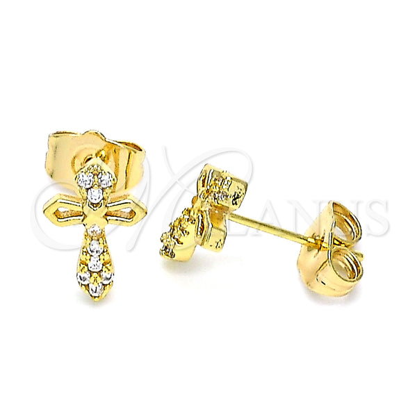 Oro Laminado Stud Earring, Gold Filled Style Cross Design, with White Micro Pave, Polished, Golden Finish, 02.310.0049