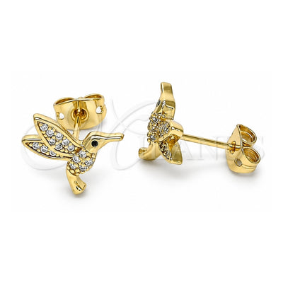Oro Laminado Stud Earring, Gold Filled Style Bird Design, with White and Black Micro Pave, Polished, Golden Finish, 02.342.0157