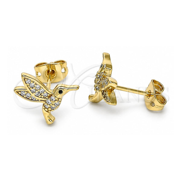 Oro Laminado Stud Earring, Gold Filled Style Bird Design, with White and Black Micro Pave, Polished, Golden Finish, 02.342.0157