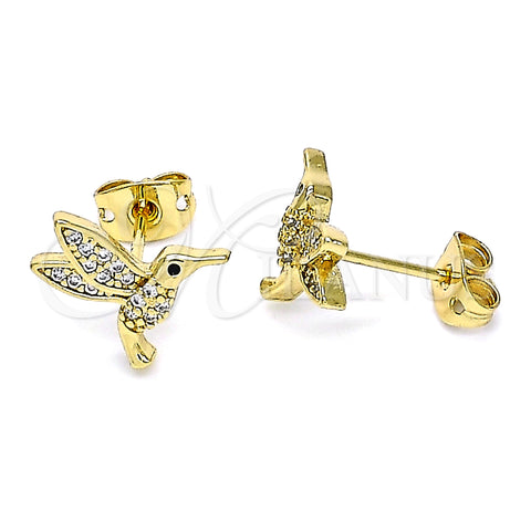 Oro Laminado Stud Earring, Gold Filled Style Bird Design, with White and Black Micro Pave, Polished, Golden Finish, 02.342.0157